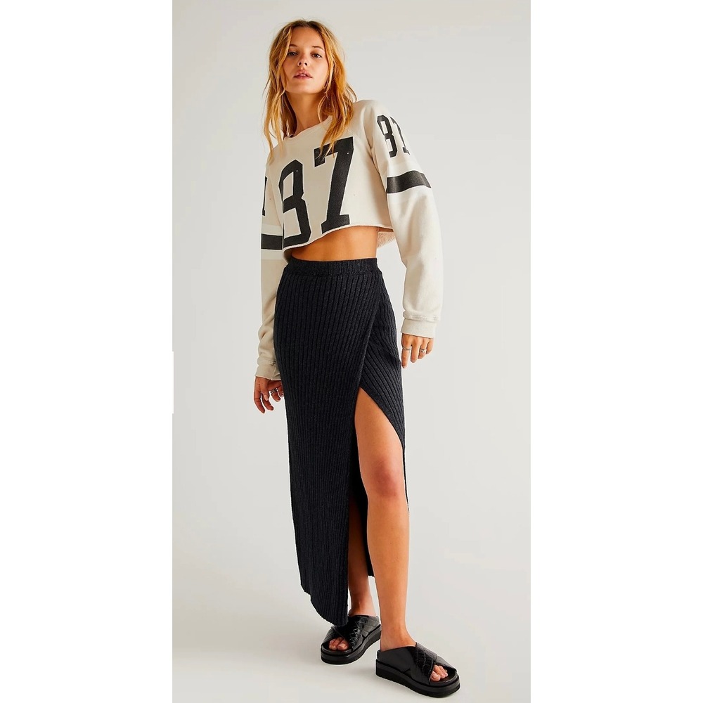 Free People Better Days Ribbed Knit Wrap Front Midi Skirt High Slit Size s
